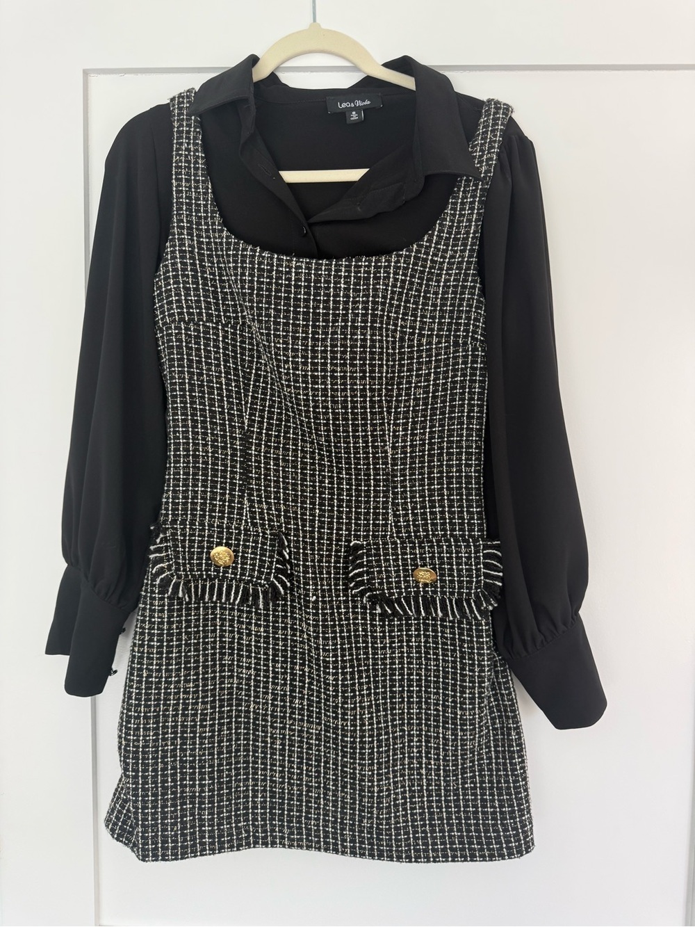 Lea & Viola Black and White Tweed Mini Pinafore Dress